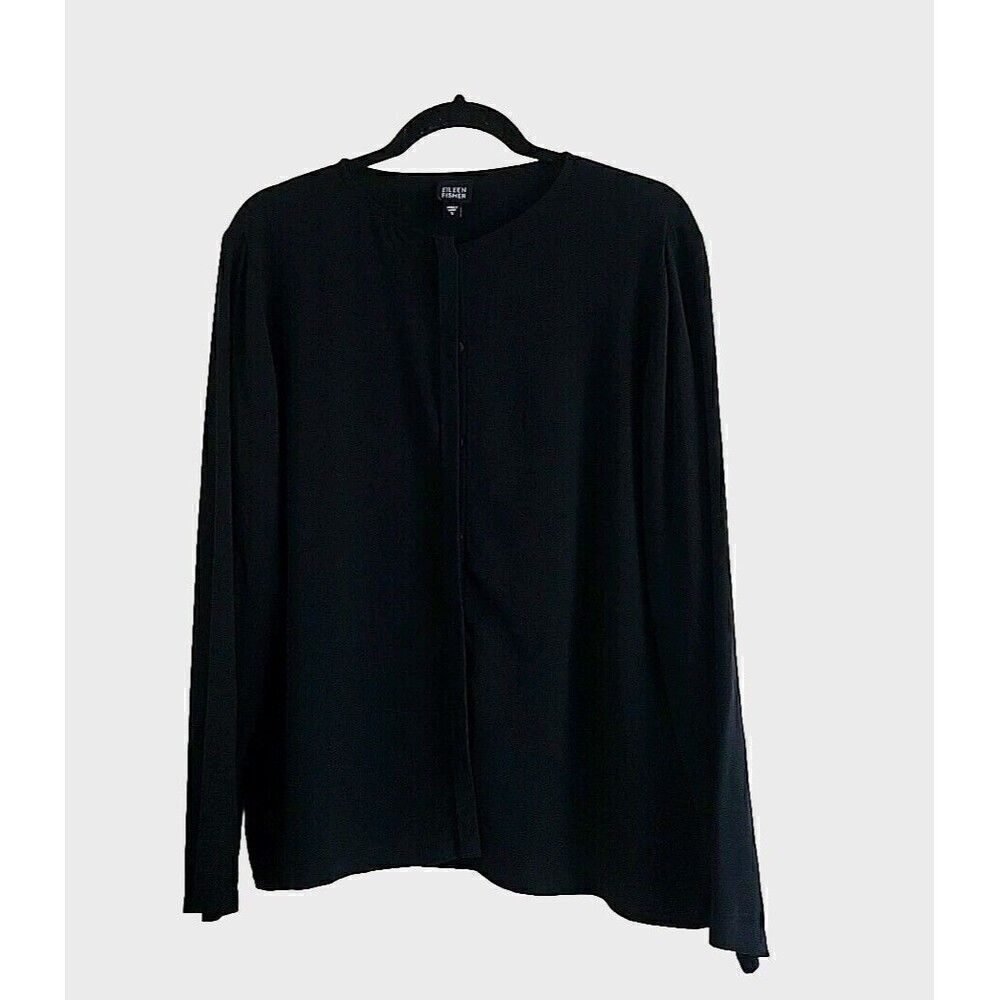 EILEEN FISHER Crepe Silk Black Button Up Long Sleeve Blouse Size Small